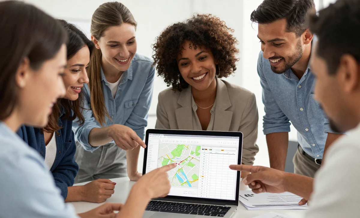 advanced-group-travel-planning-strategies Professional team engaged in advanced group travel planning session with digital itinerary and maps.