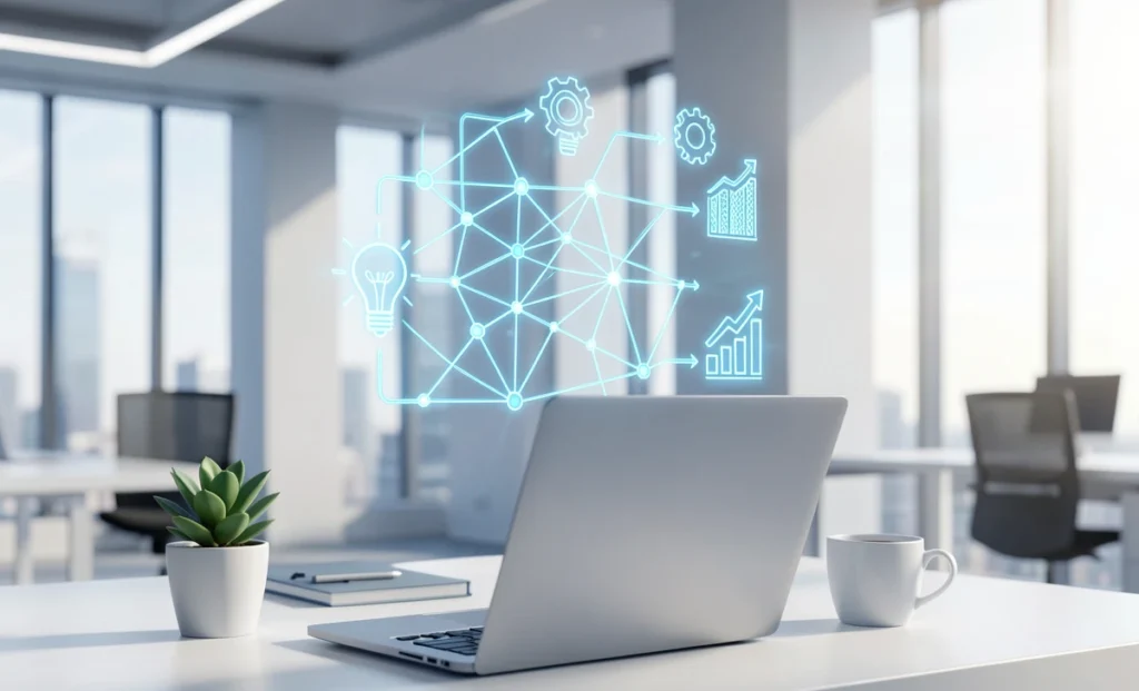 A modern professional workspace showing a glowing AI neural network integrated with a notebook of business ideas and growth charts, symbolizing AI-powered business innovation.