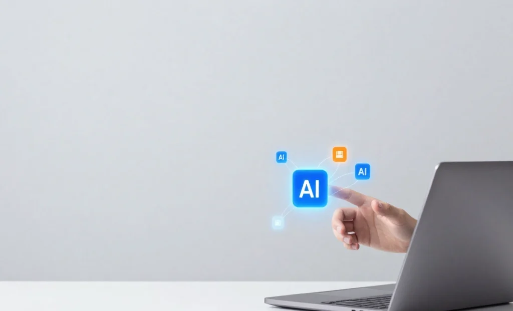 A human hand collaborating with an AI-driven code interface on a laptop, symbolizing the future of hiring tech talent for startups.