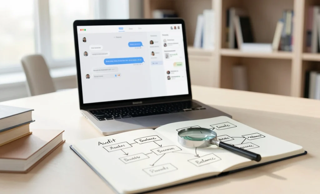 Professional conducting an AI reliance audit with laptop and notebook showing frameworks