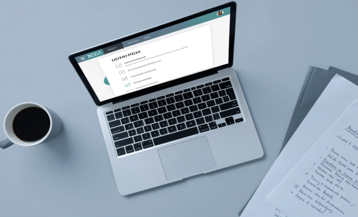 Professional workspace with laptop displaying AI audit checklist and handwritten notes