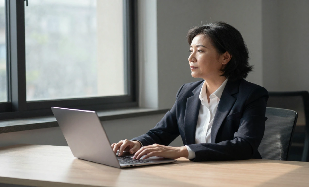 Business owner sitting at a desk looking out the window after selling their company
