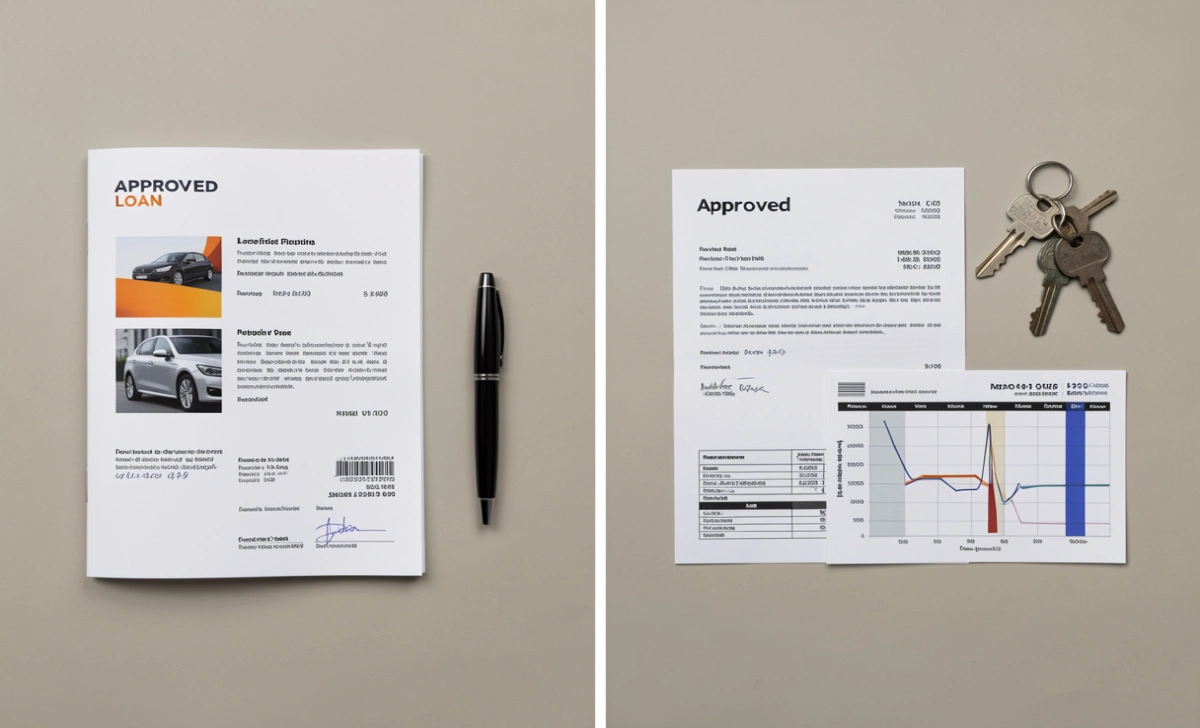 Side-by-side comparison of buying a car now versus waiting, showing loan documents against repair bills and depreciation notes
