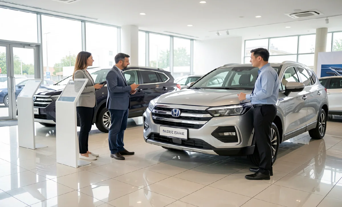 What the U.S. Auto Industry's Rough Start in 2026 Means for Car Prices A couple reviewing a hybrid SUV with a salesperson inside a car dealership in 2026