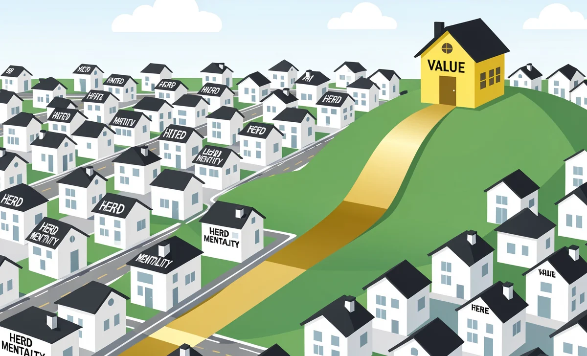 contrarian-real-estate-investing-guide-featured-image Illustration of the contrarian real estate investing strategy: a unique path leading to value, away from the herd mentality.