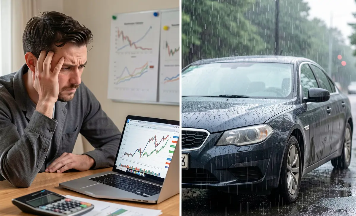 cost-of-waiting-to-buy-car-comparison Split image comparing happy couple buying new SUV now versus stressed man calculating costs while waiting, illustrating the hidden financial risks of delaying a car purchase.