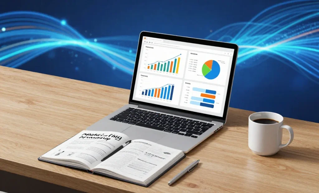 Data-driven marketing strategies blog featured image showing laptop with analytics dashboard, notebook with conversion tips, and digital network background.