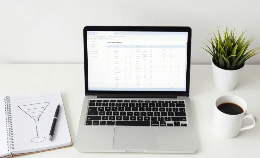 Ultimate Digital Marketing Plan Template (Free Download) Ultimate free digital marketing plan template open on a laptop in a modern professional workspace.