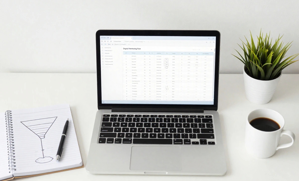 Ultimate free digital marketing plan template open on a laptop in a modern professional workspace.