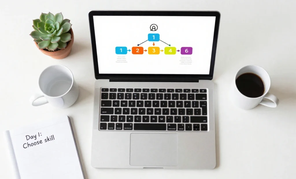 Digital marketing roadmap for beginners showing a laptop with a 6-step strategy infographic, notebook, coffee cup, and plant on a clean white desk.