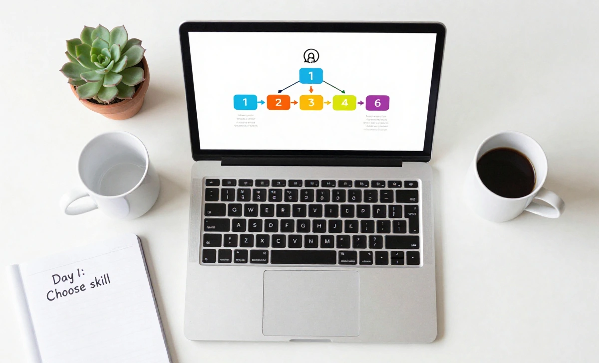 digital-marketing-roadmap-beginners-featured-image Digital marketing roadmap for beginners showing a laptop with a 6-step strategy infographic, notebook, coffee cup, and plant on a clean white desk.