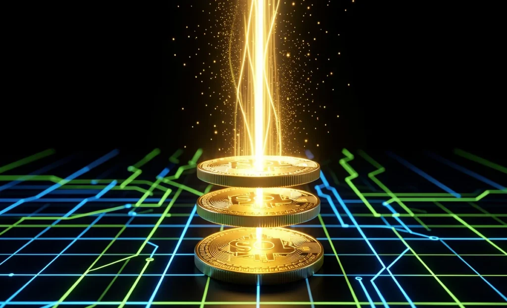 Double crypto yield on Solana with JLP HyperLoop strategy. Two glowing SOL tokens stacked vertically with golden energy beam connecting them.
