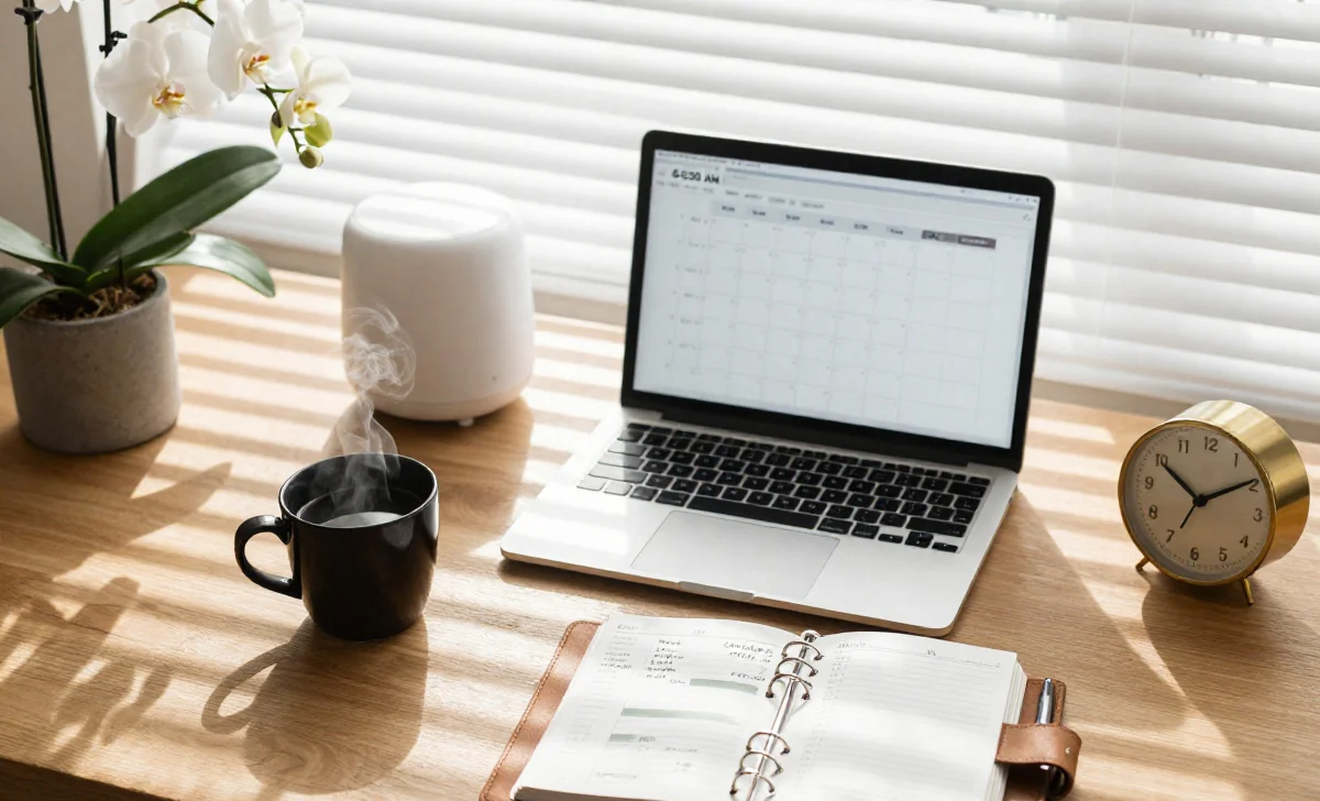 entrepreneur-productivity-habits-workspace Flat lay of entrepreneur morning workspace with MacBook showing time-blocked calendar, leather planner, coffee, and analog clock for productivity habits article.