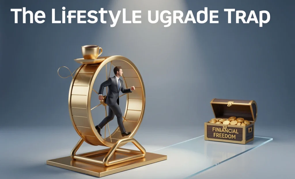 A professional trapped on a golden hamster wheel of luxury spending, symbolizing the lifestyle upgrade trap, with a path to financial freedom visible ahead.