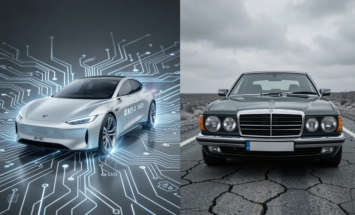 european-auto-crisis-china-ev-vs-germany Conceptual illustration of the 2026 European auto crisis: A futuristic Chinese EV challenges a classic German car on a dividing road.