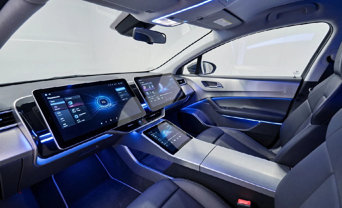 Futuristic electric vehicle interior with large touchscreen displays