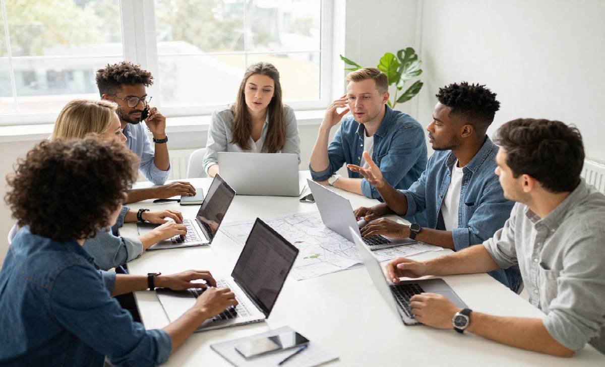 Group of travelers collaborating around table with laptops and maps planning trip together
