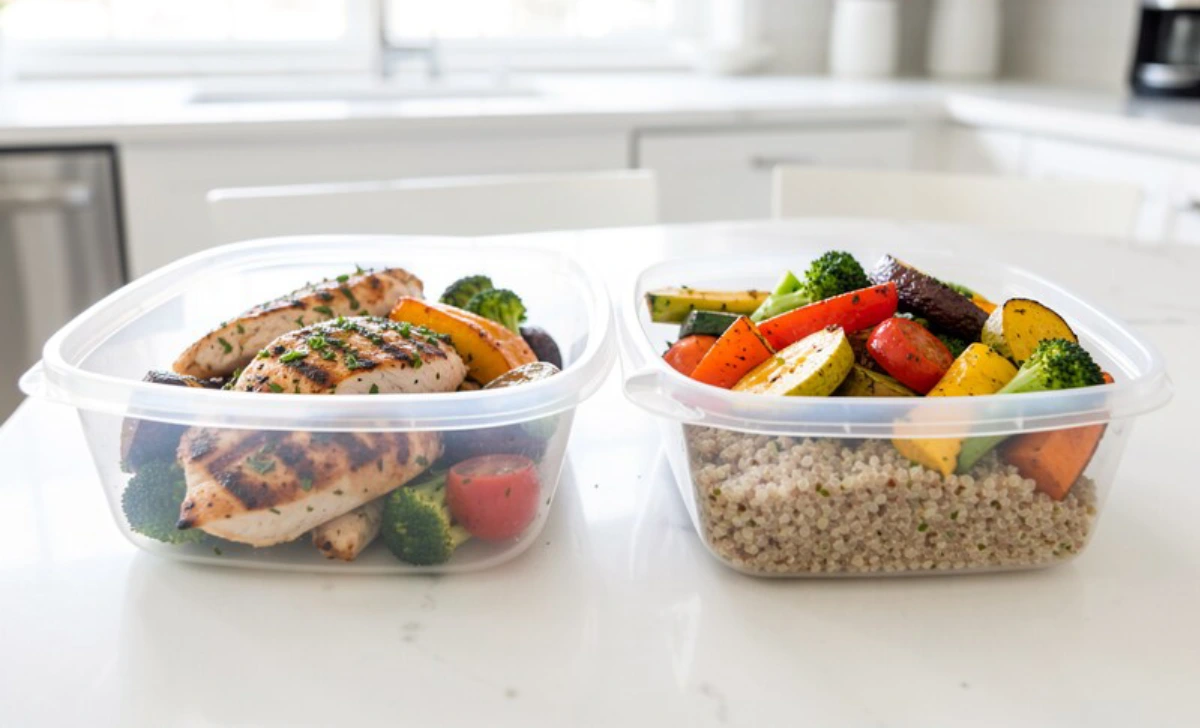 Balanced meal prep containers with protein, vegetables, and whole grains