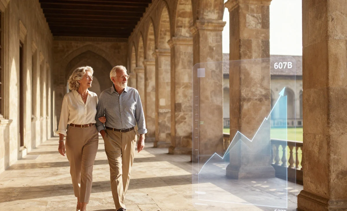 heritage-tourism-recession-proof-analysis Heritage tourism recession proof analysis showing older couple exploring ancient UNESCO site with virtual tour interface and $607 billion market data overlay