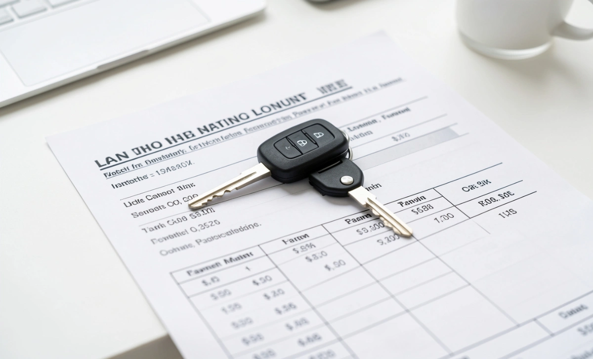 Car key placed on an auto loan document showing interest rate and monthly payment figures