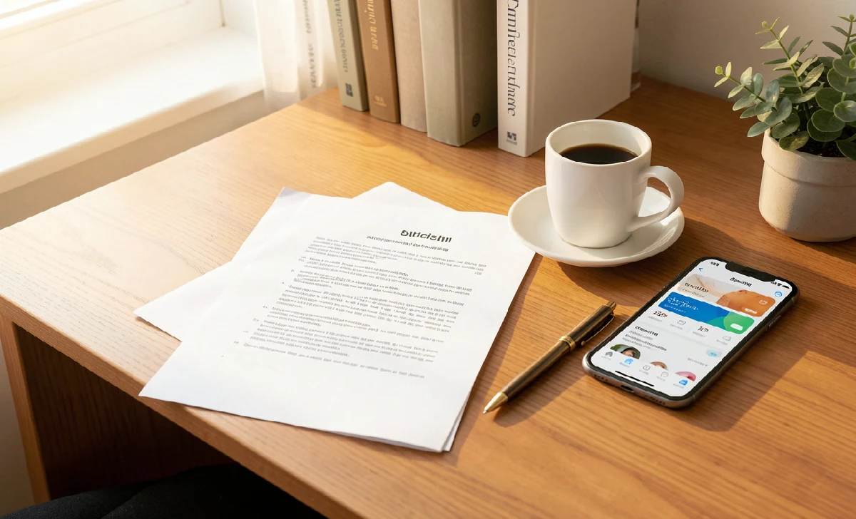 Desk with financial documents and a phone showing a banking app after a business sale