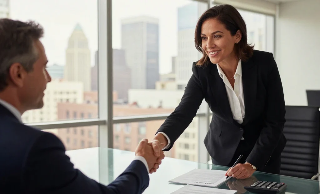 The First 30 Days After Selling Your Business: A Founder’s Survival Guide Business owner selling their company shaking hands with buyer after signing acquisition agreement at modern office conference table