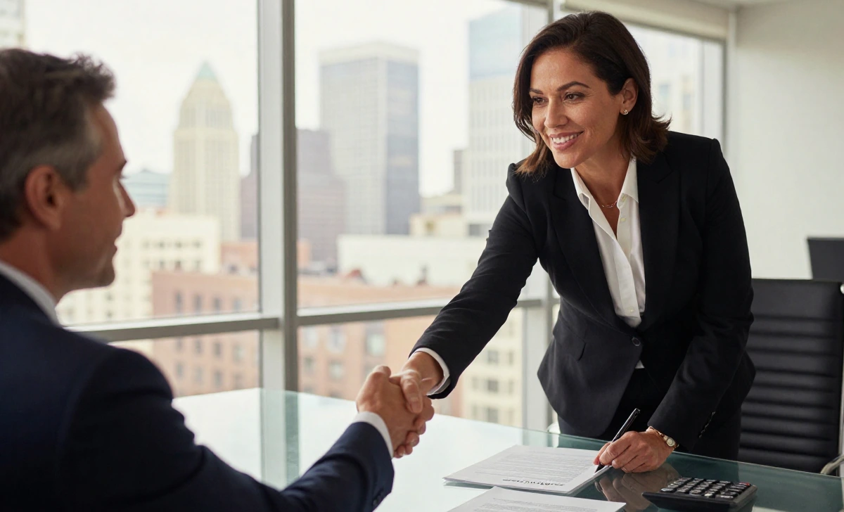 What to do after selling your business Two business professionals shaking hands after selling a business in a corporate office