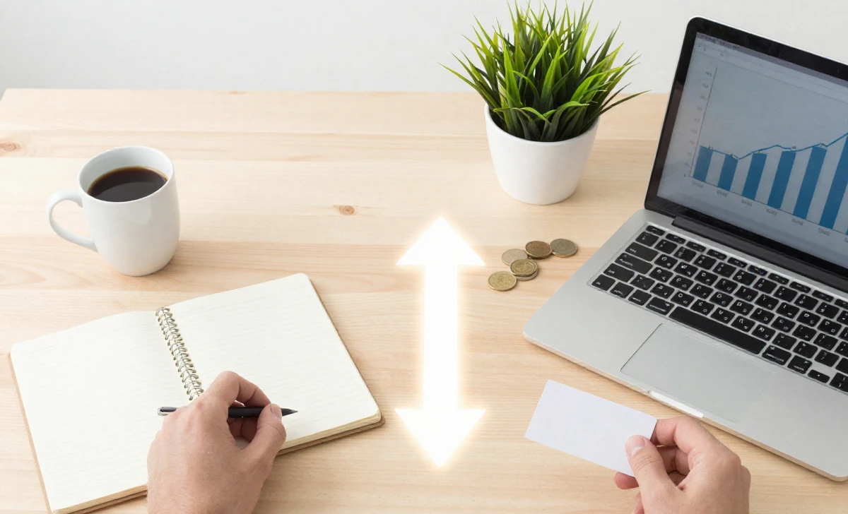 Visual metaphor showing the transition from a chaotic side hustle (notepad, coins) to an organized, growing business (laptop with graph, business card) on a modern desk.