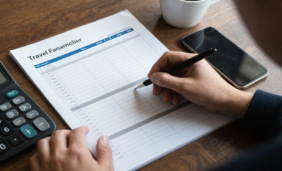 Hands reviewing travel budget spreadsheet with calculator showing contingency planning for group trip