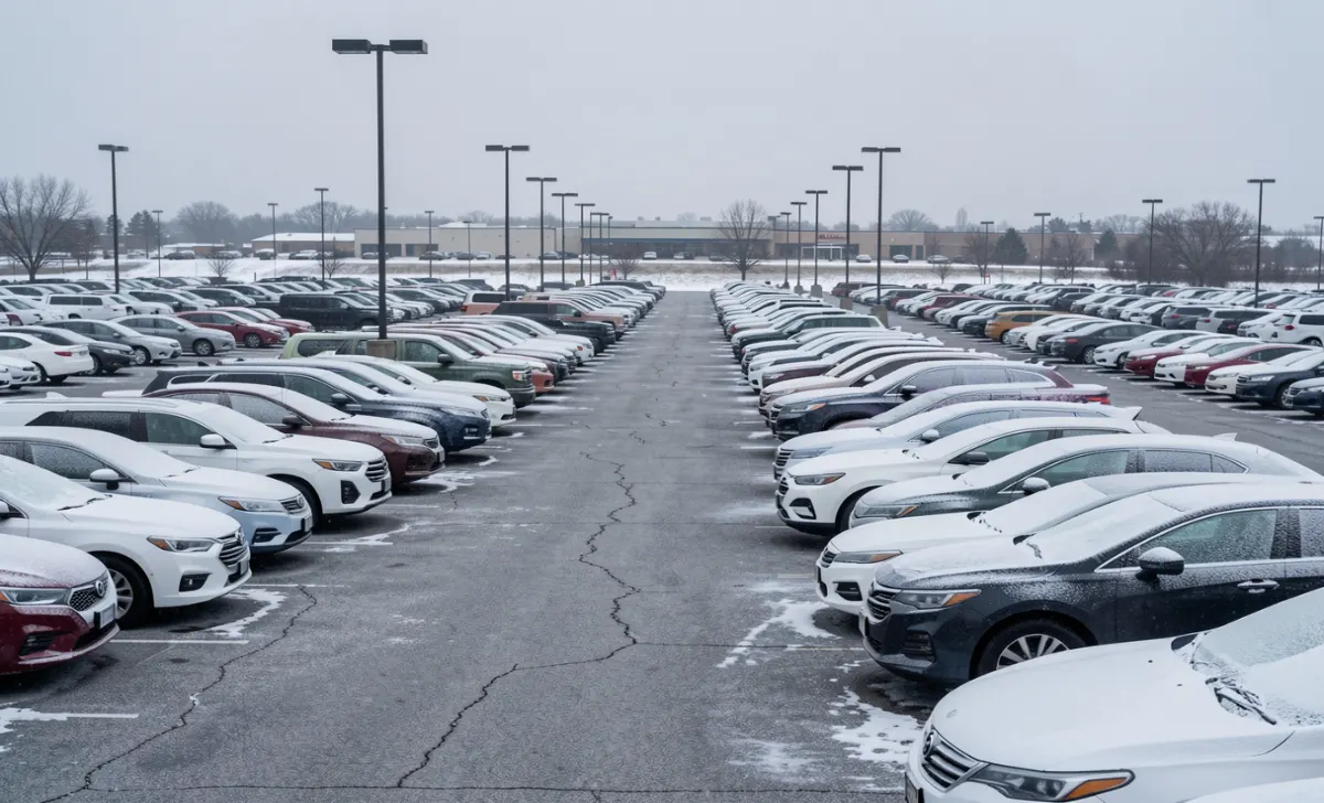 What the U.S. Auto Industry's Rough Start in 2026 Means for Car Prices Rows of unsold new cars on a U.S. dealership lot in early 2026
