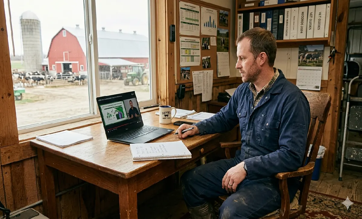 2021 PDPW Conference Content On Demand Dairy farmer watching 2021 PDPW conference content on demand on a laptop in a farm office