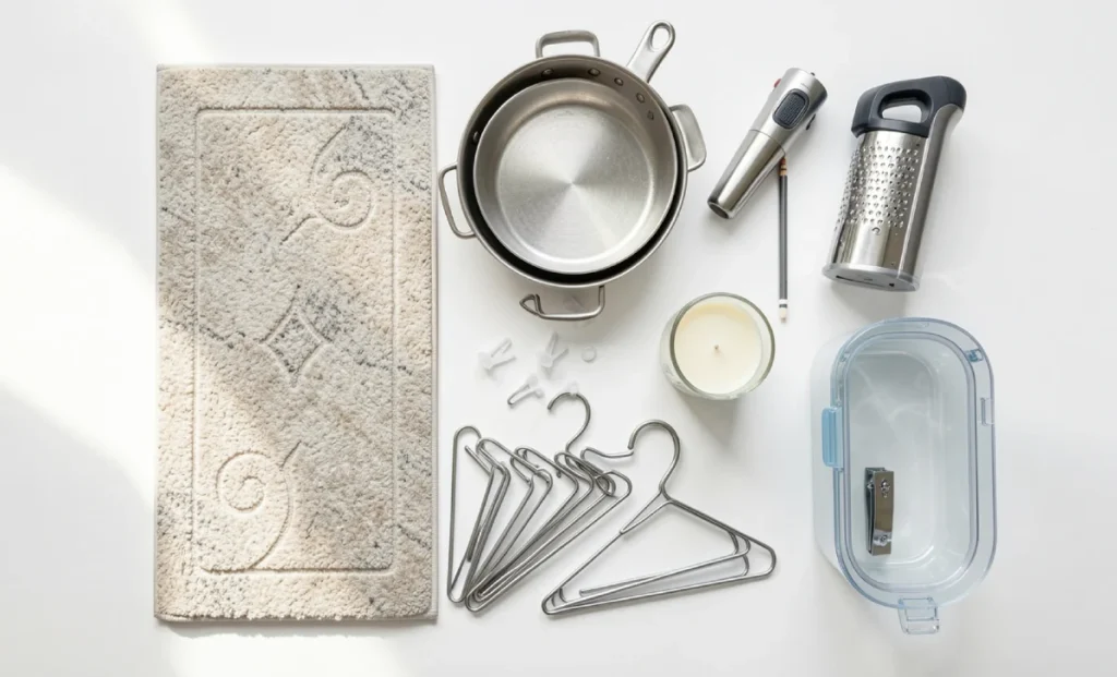 10 Most Useful Products I Bought in 2026 (That Actually Solved Real Problems) Flat lay of the most useful products 2026 including a stone bath mat, metal pencil, stackable pans, and mini vacuum on a white surface