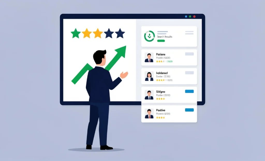 A professional reviewing online reputation management companies on a digital screen with star ratings and search results