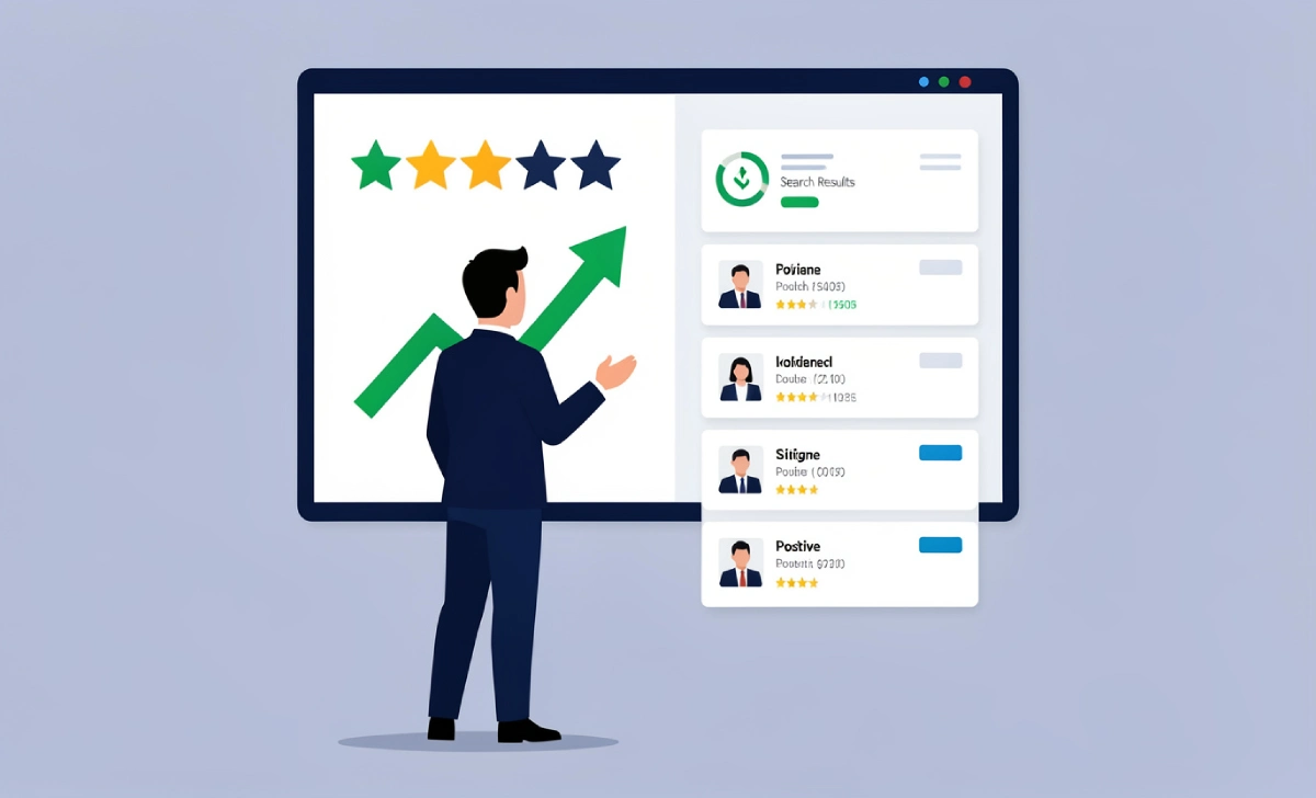 Best Online Reputation Management Companies 2026 A professional reviewing online reputation management companies on a digital screen with star ratings and search results