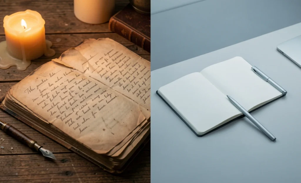 Open aged book next to a modern journal showing pentachronism as a connection between past and present ideas