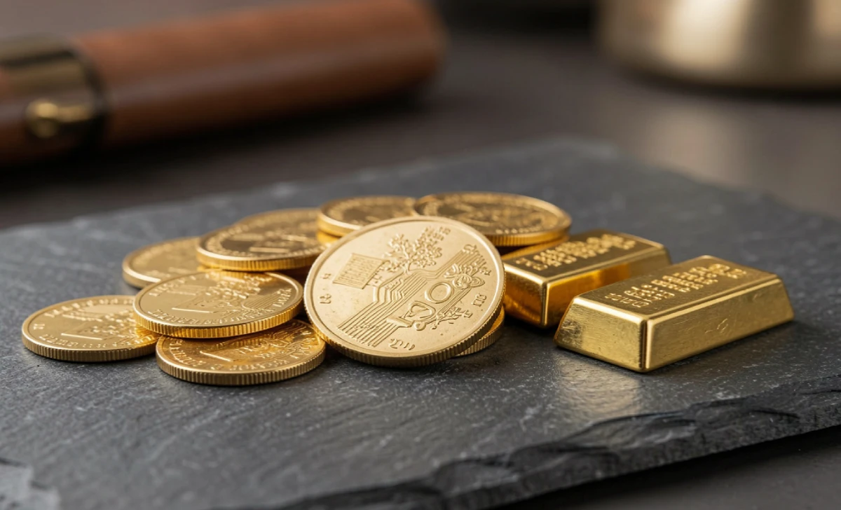 Gold coins and bars representing Augusta Precious Metals gold IRA review
