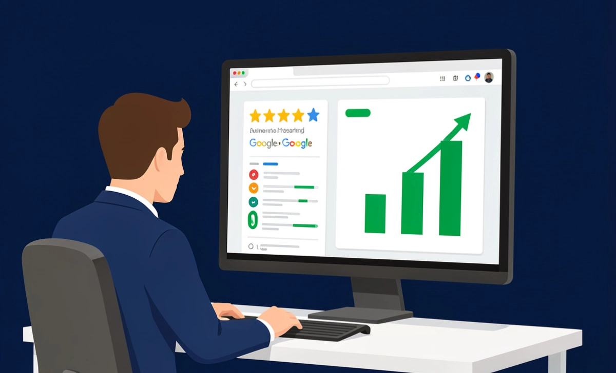 A professional reviewing online reputation management companies on a screen showing star ratings and search results