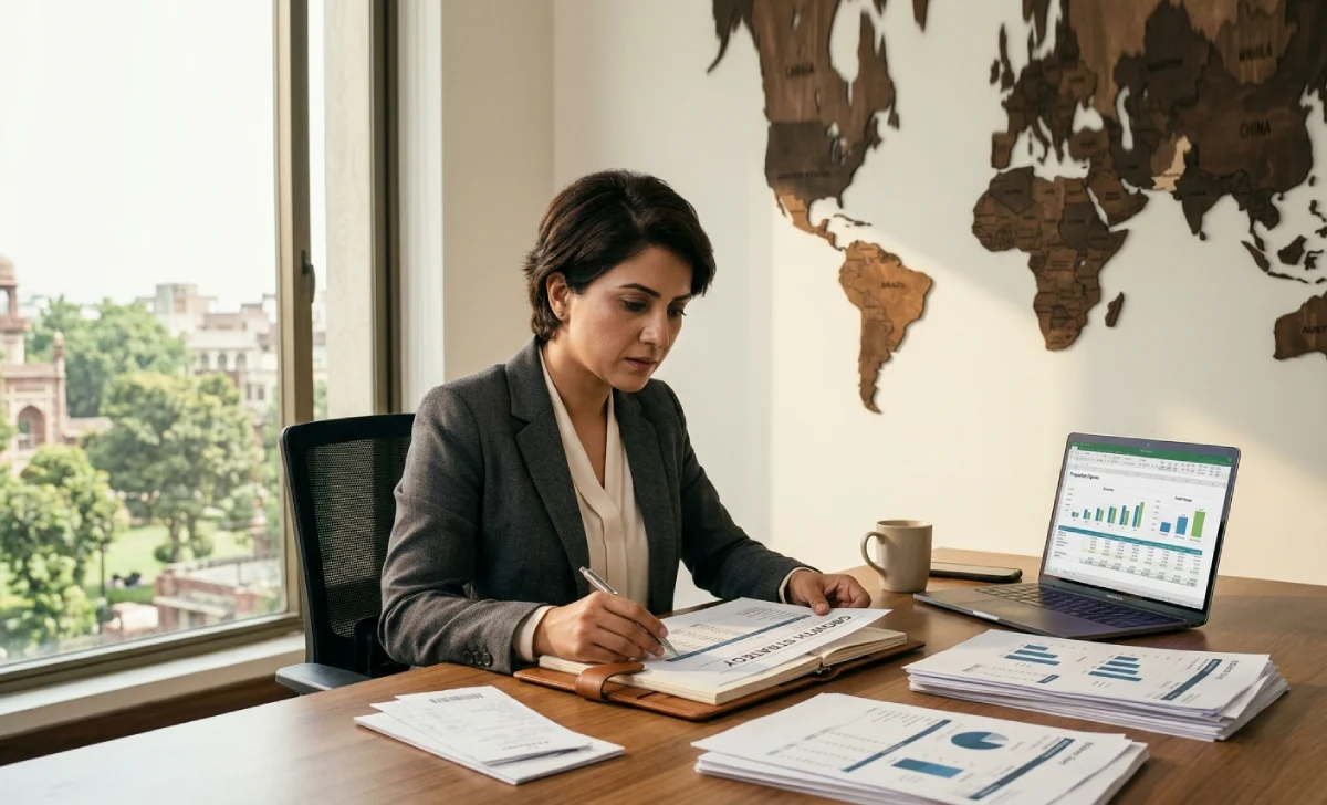 How the Overseas Business Fund Helps Companies Expand with Corporate-Backed Grants Business owner organizing financial documents and spreadsheets to prepare an overseas business fund grant application