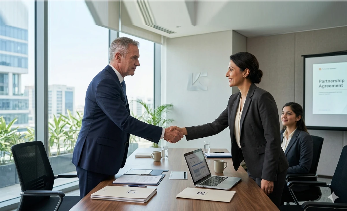 How the Overseas Business Fund Helps Companies Expand with Corporate-Backed Grants Two business professionals shaking hands representing a corporate partnership grant agreement for overseas expansion