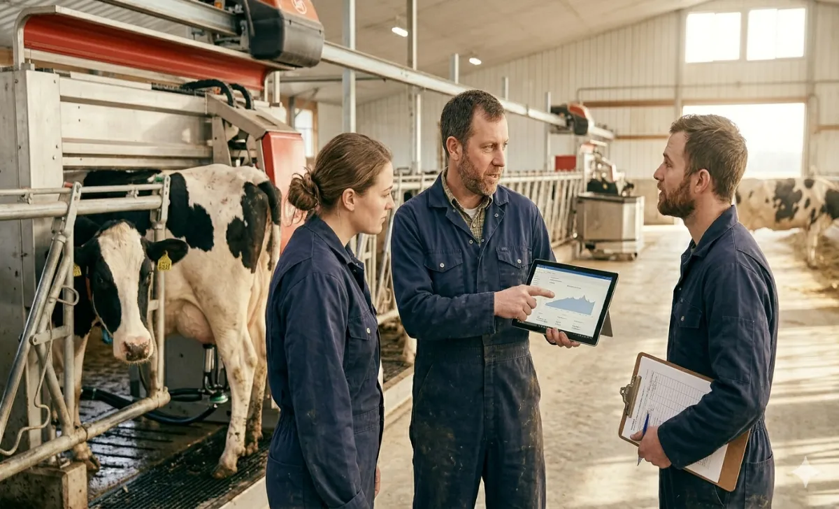 2021 PDPW Conference Content now Available on Demand Farm manager training dairy employees near a milking parlor using a tablet and clipboard.