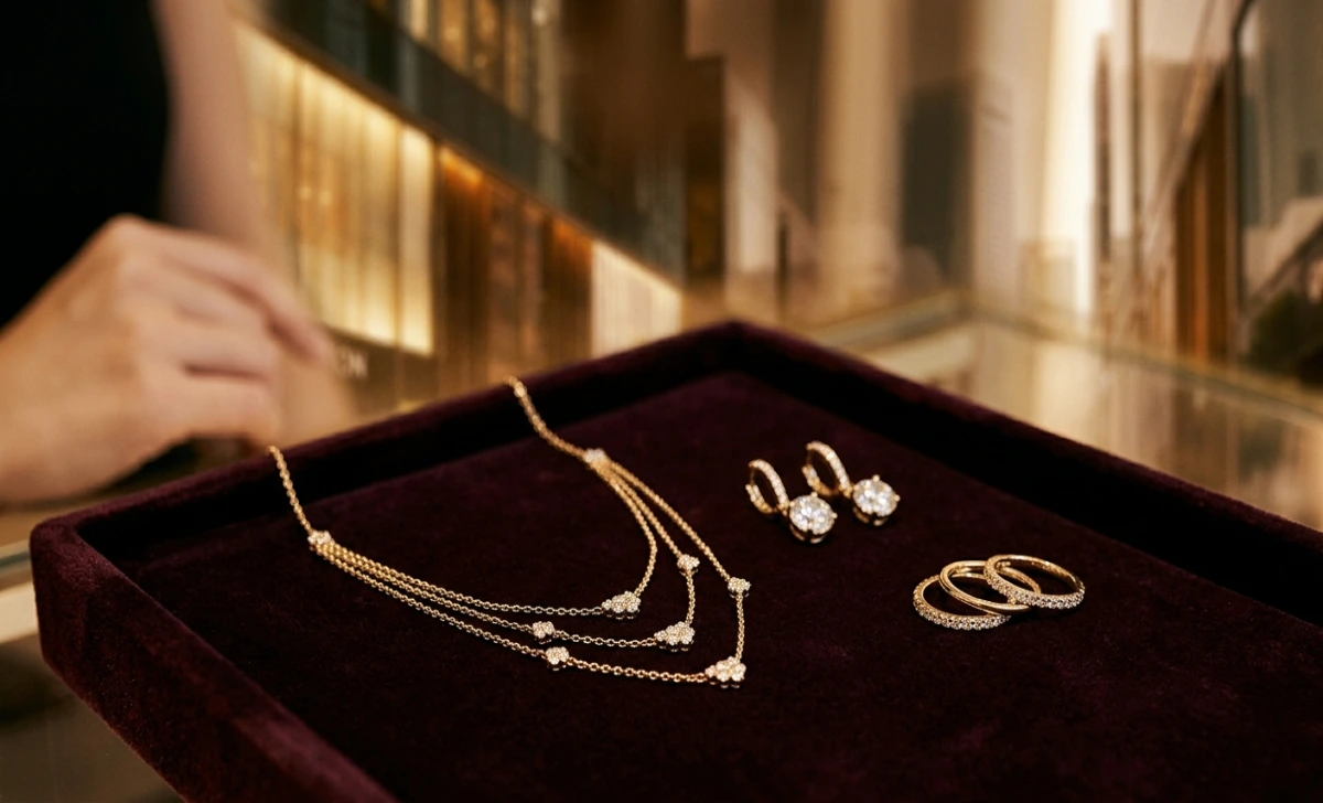 Luxury Retail Giants Are Quietly Reshuffling Their Portfolios—Here's What It Really Means for 2026 Fine jewelry displayed on dark velvet in a luxury boutique