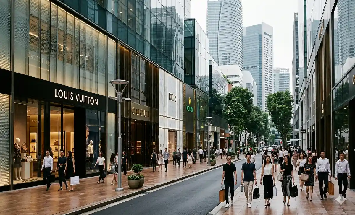 Luxury Retail Giants Are Quietly Reshuffling Their Portfolios—Here's What It Really Means for 2026 Shoppers walking past luxury brand stores in an Asian city
