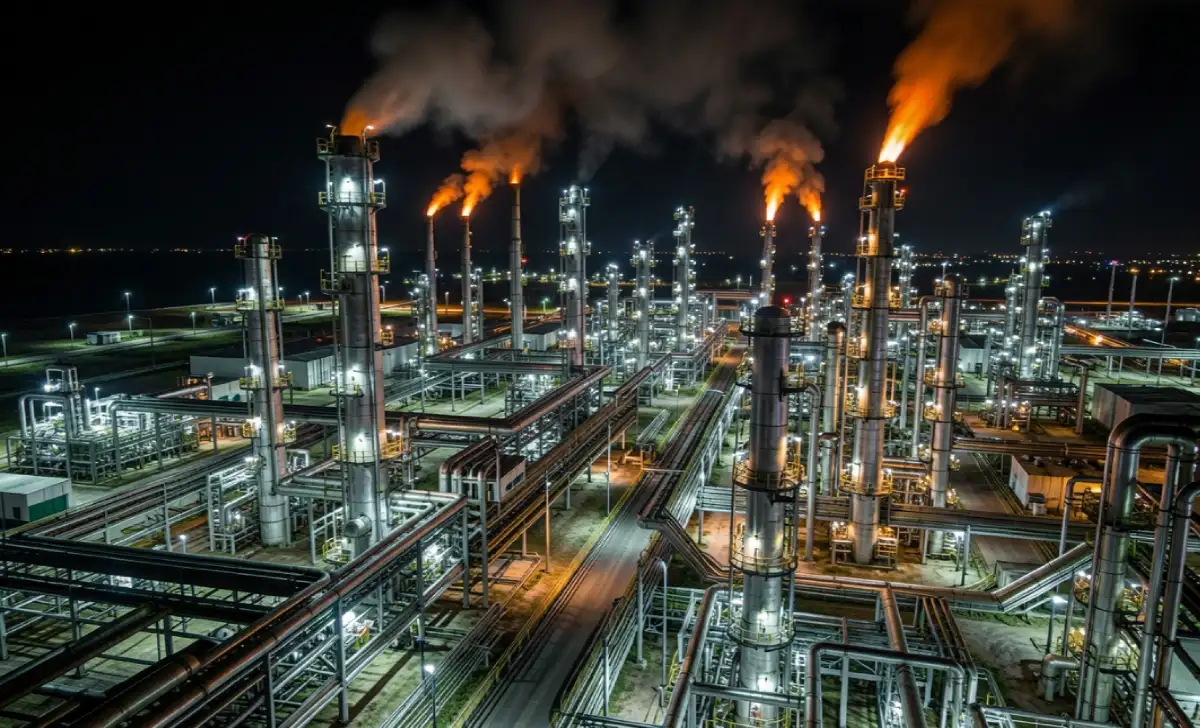 Aerial view of an oil refinery at night representing the 2026 global energy market disruption