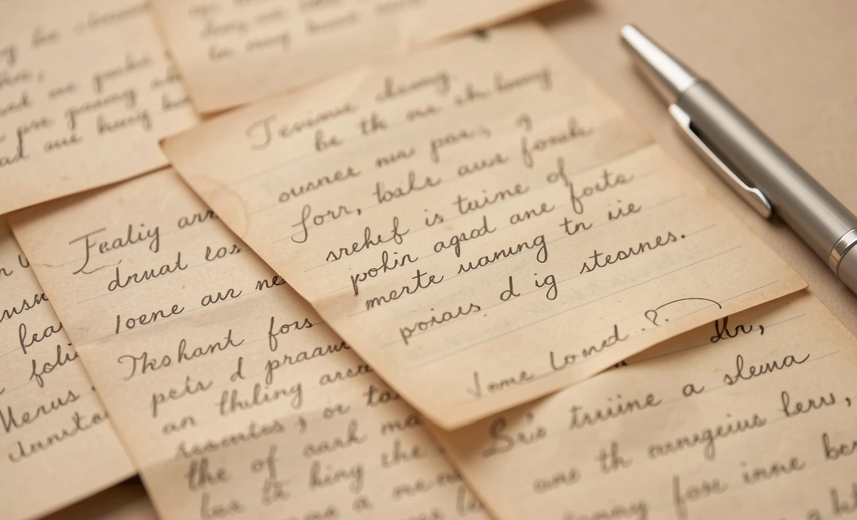 Aged handwritten letters scattered on a flat surface with a modern pen