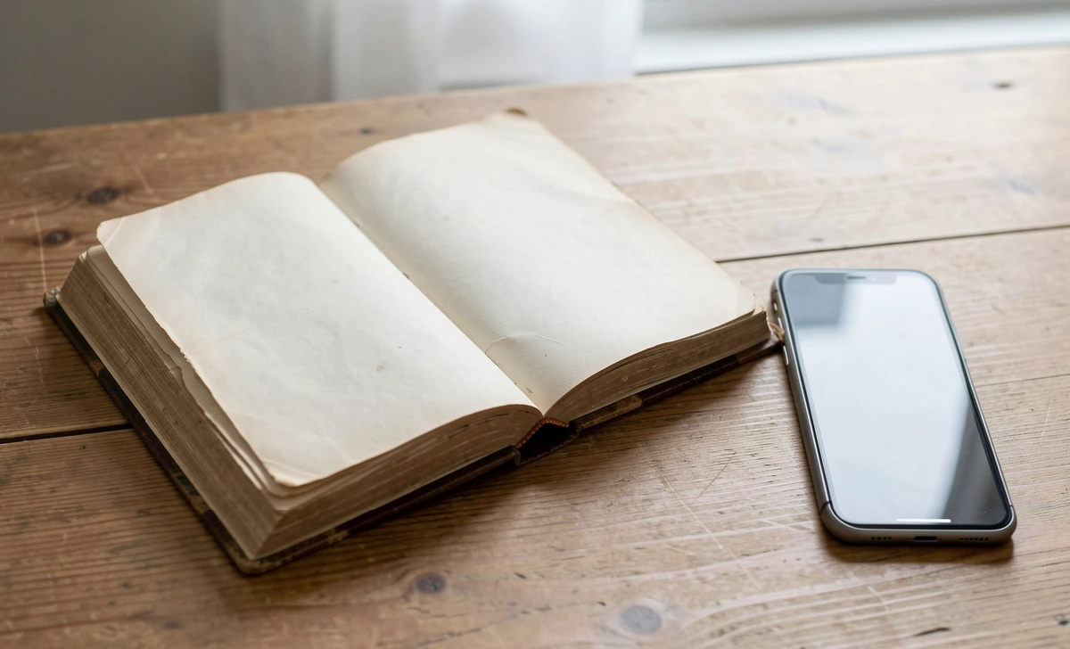 Open old book beside a modern smartphone on a wooden desk