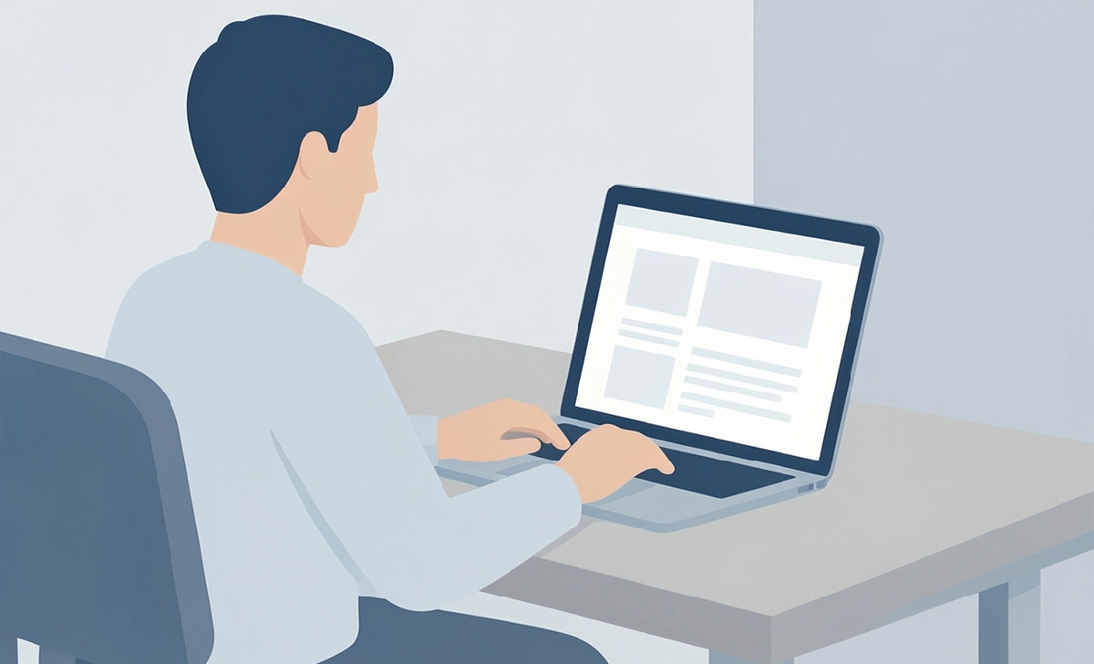 Person using WordPress Gutenberg editor on a laptop with a block layout visible on screen 