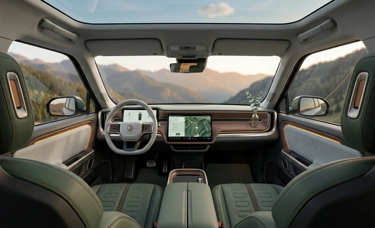 2027 Rivian R2: Prices, Trims, Specs, Range, Reviews, and What Buyers Need to Know 2027 Rivian R2 interior showing 15.6-inch touchscreen and front cabin