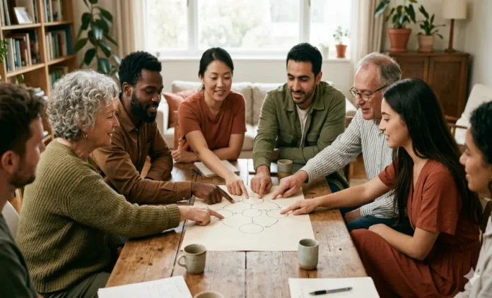 Group of people using Aagmqal group decision-making in a calm community circle