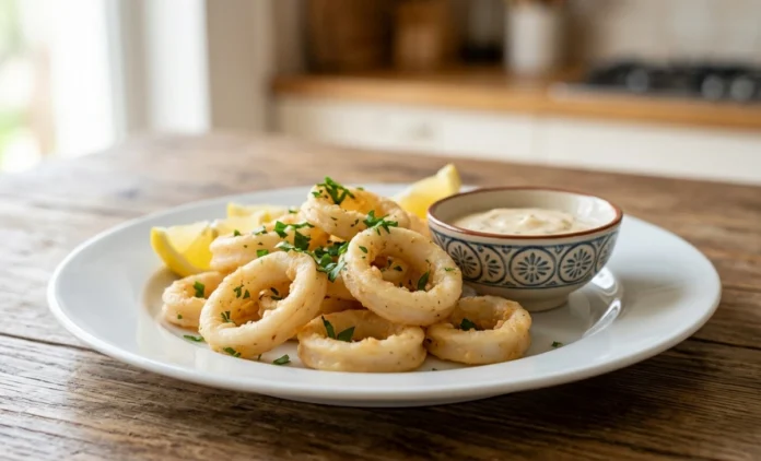 Plated calamariere dish with golden fried calamari rings, fresh parsley, and lemon on a white plate