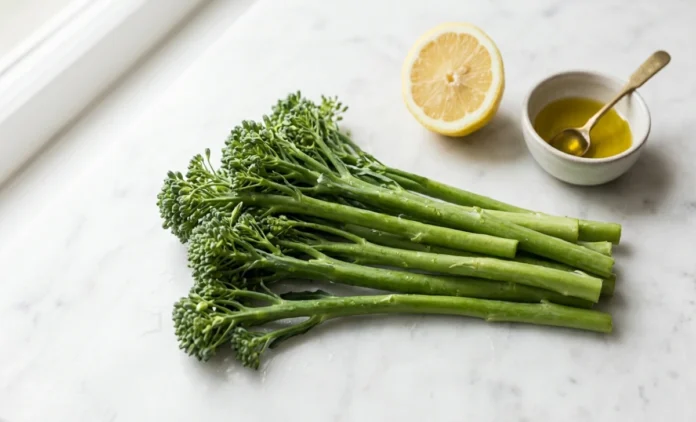 What Is Crocolini – Fresh Green Vegetable Guide Fresh crocolini bunch on a white surface with lemon and olive oil